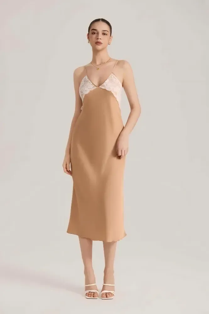 Light Brown Lace Midi Slip Dress - Image 1