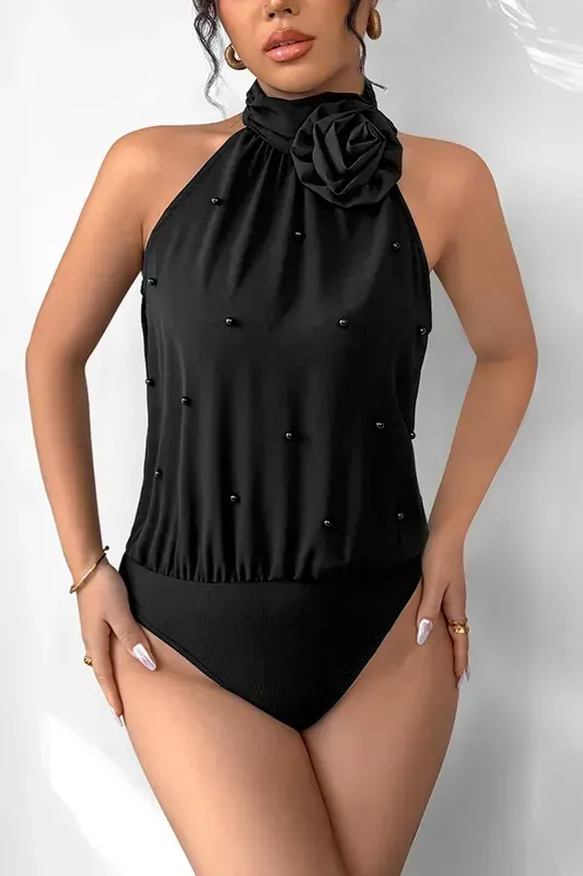 Black Beaded High Neck Bodysuit - Image 1