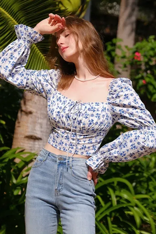 Blue Sweetheart Floral Crop Top - Image 1