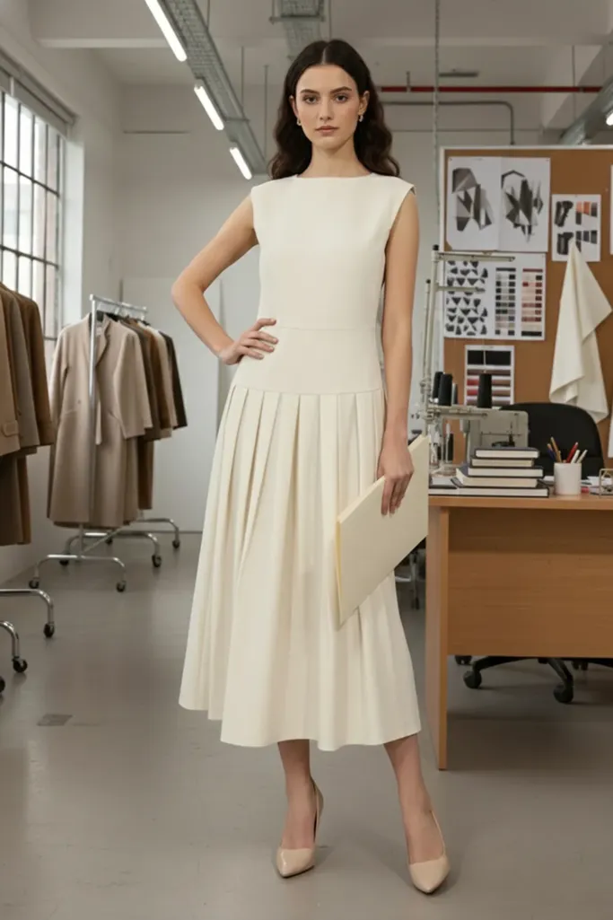 Beige Solid Boat Neck Midi Dress - Image 1