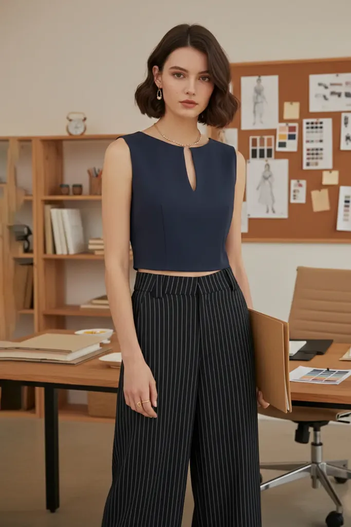Dark Blue Solid Open Placket Crop Top - Image 1