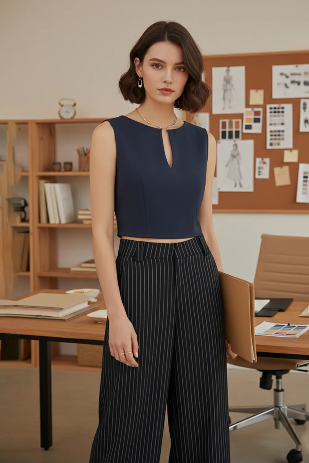 Dark Blue Solid Open Placket Crop Top