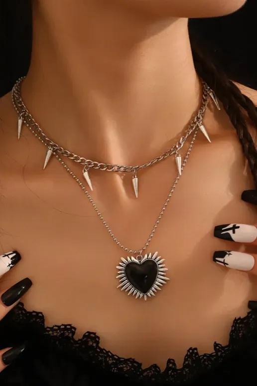 Black Heart Pendant Layered Necklace - Image 1