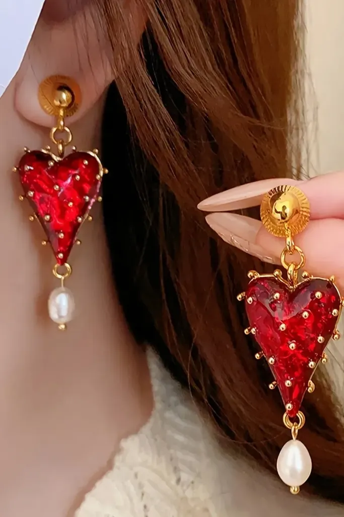 Red Heart Statement Hanging Earrings - Image 1
