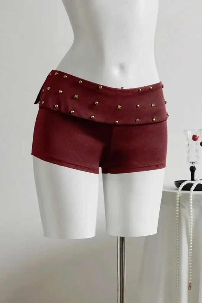 Maroon Studded Low-Rise Shorts - Image 1