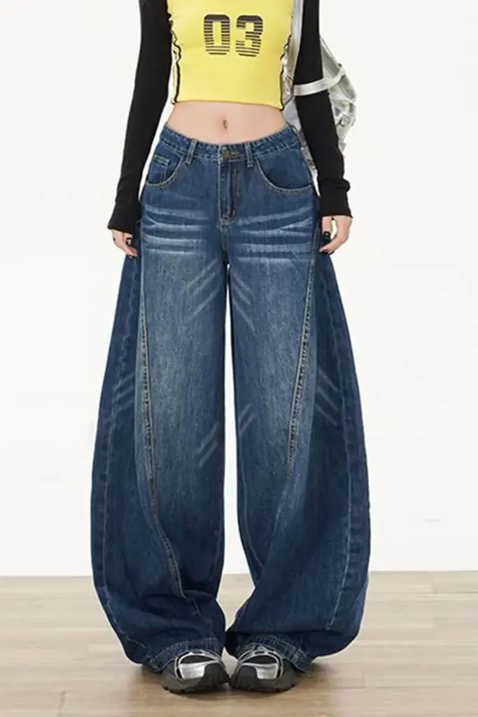 Dark Blue Mid Rise Wide Leg Jeans - Image 1