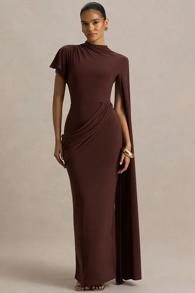 Brown Solid Draped Maxi Dress - Image 1