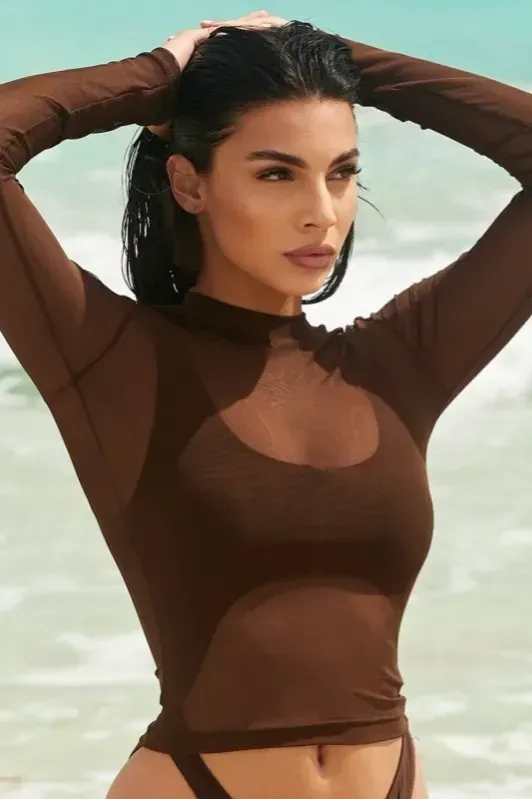 Dark Brown Sheer High Neck Crop Top - Image 1