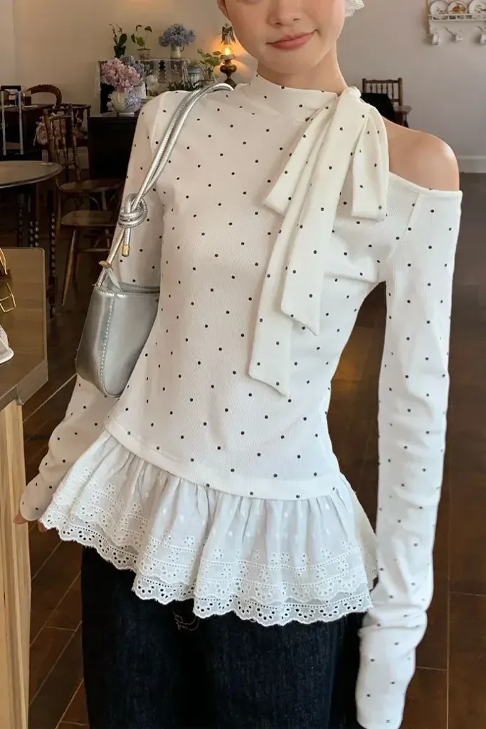 White Polka Dot Ruffle Top - Image 1