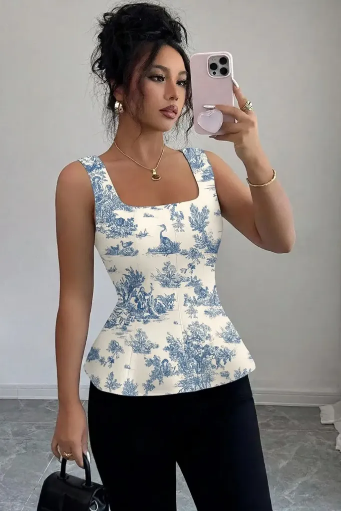 White Vintage Floral Square Neck Top - Image 1