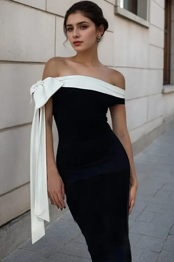 Black Off Shoulder Bodycon Maxi Dress - Image 1