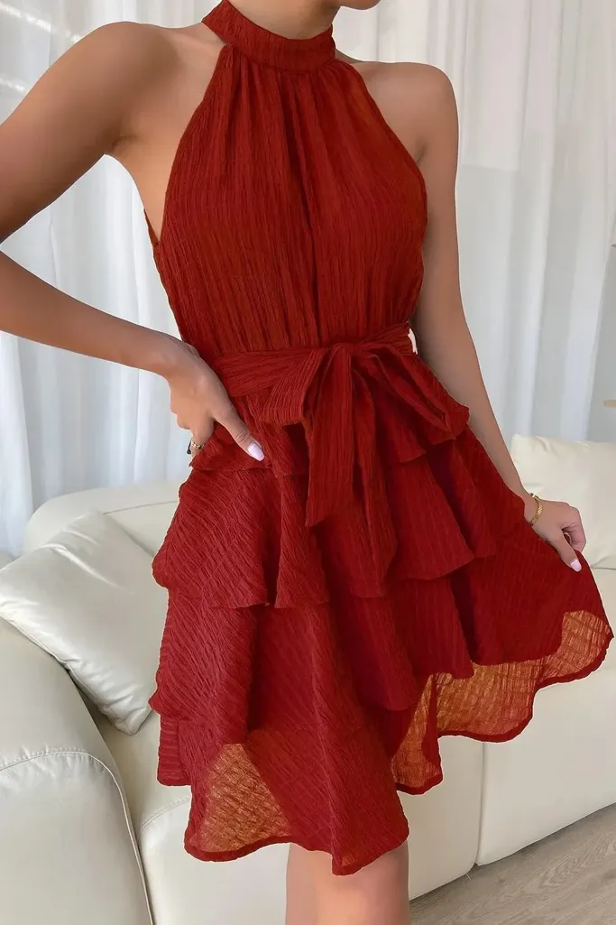 Red Halter Neck Tiered Dress - Image 1