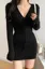 Black V-Neck Ruched Mini Dress