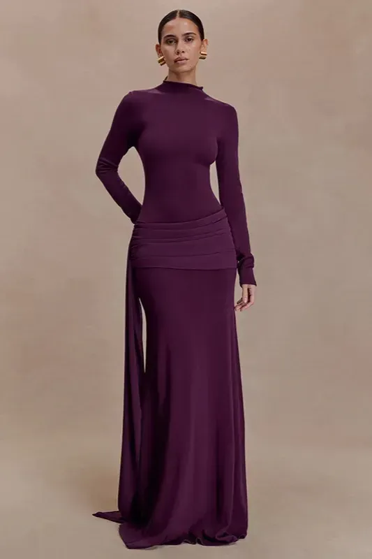 Purple Draped High Neck Maxi Dress - Image 1