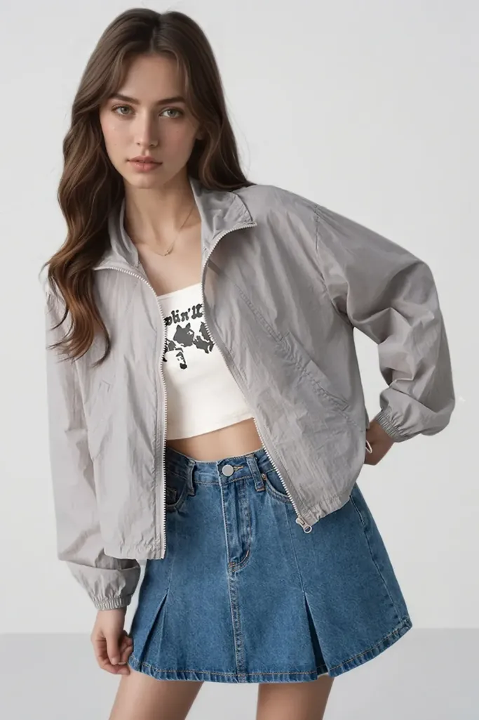 Light Grey Zip Collar Crop Jacket - NEWME