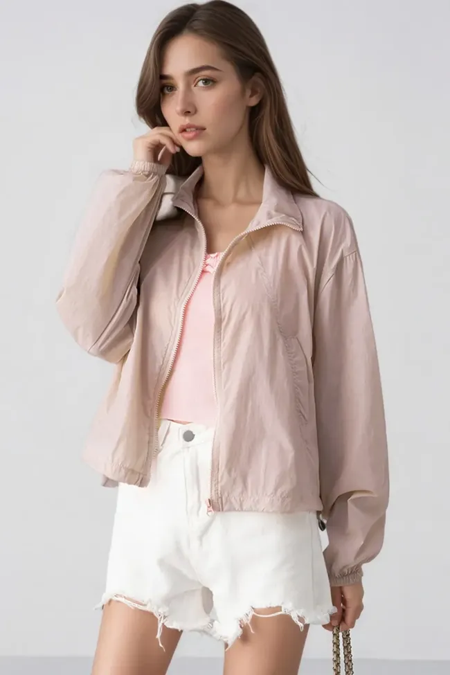 Light Pink Zip Collar Crop Jacket - NEWME