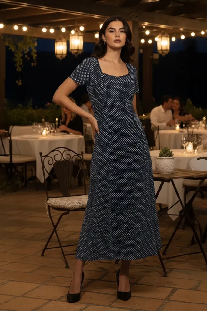 Navy Polka Dot Midi Dress - Image 1