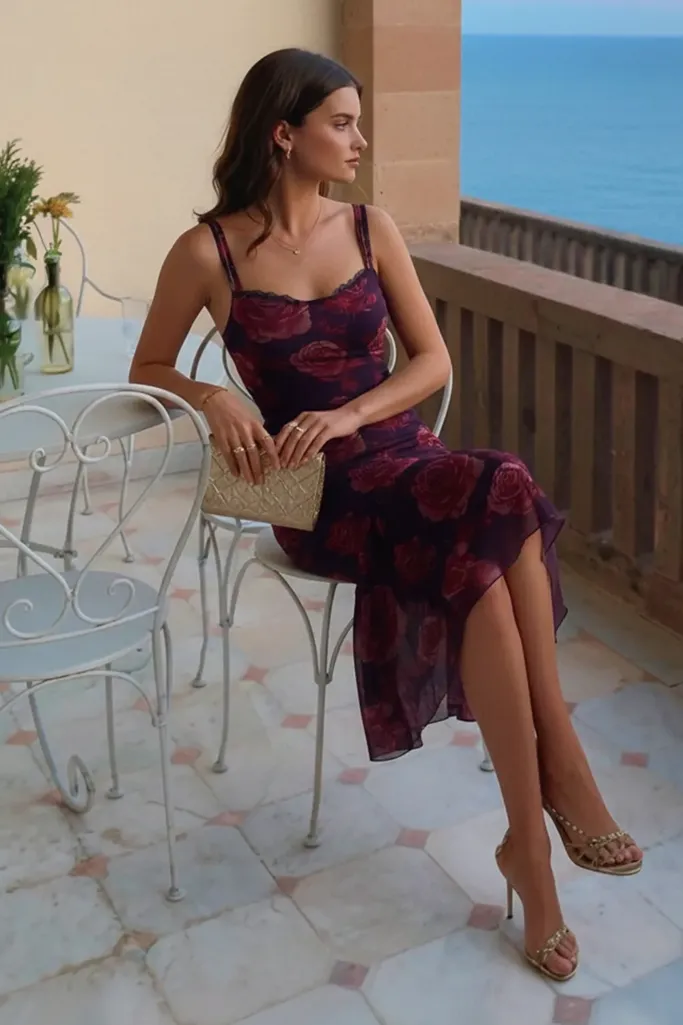Purple Floral Mermaid Midi Dress - Image 1