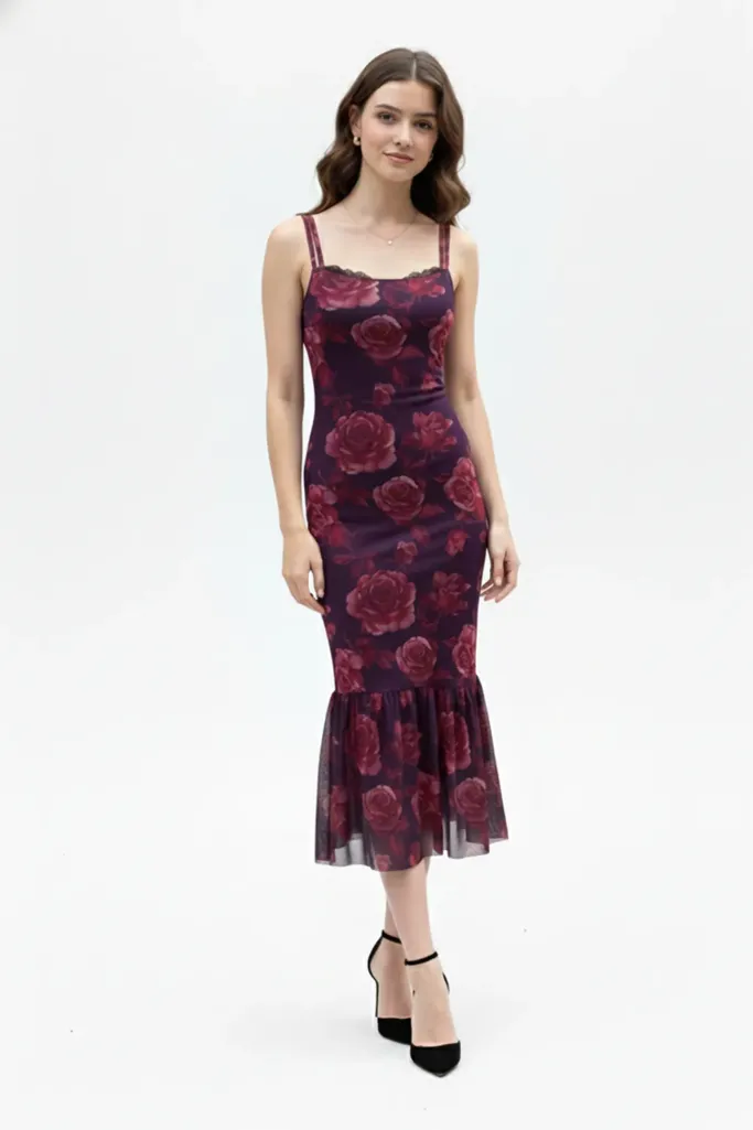 Purple Floral Mermaid Midi Dress - NEWME