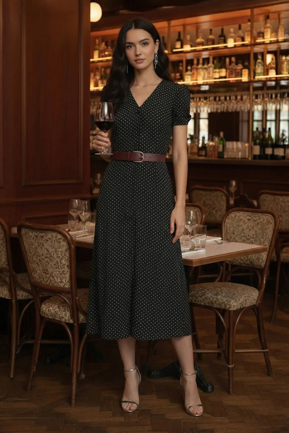 Black Polka Dot Puff Sleeve Midi Dress - NEWME
