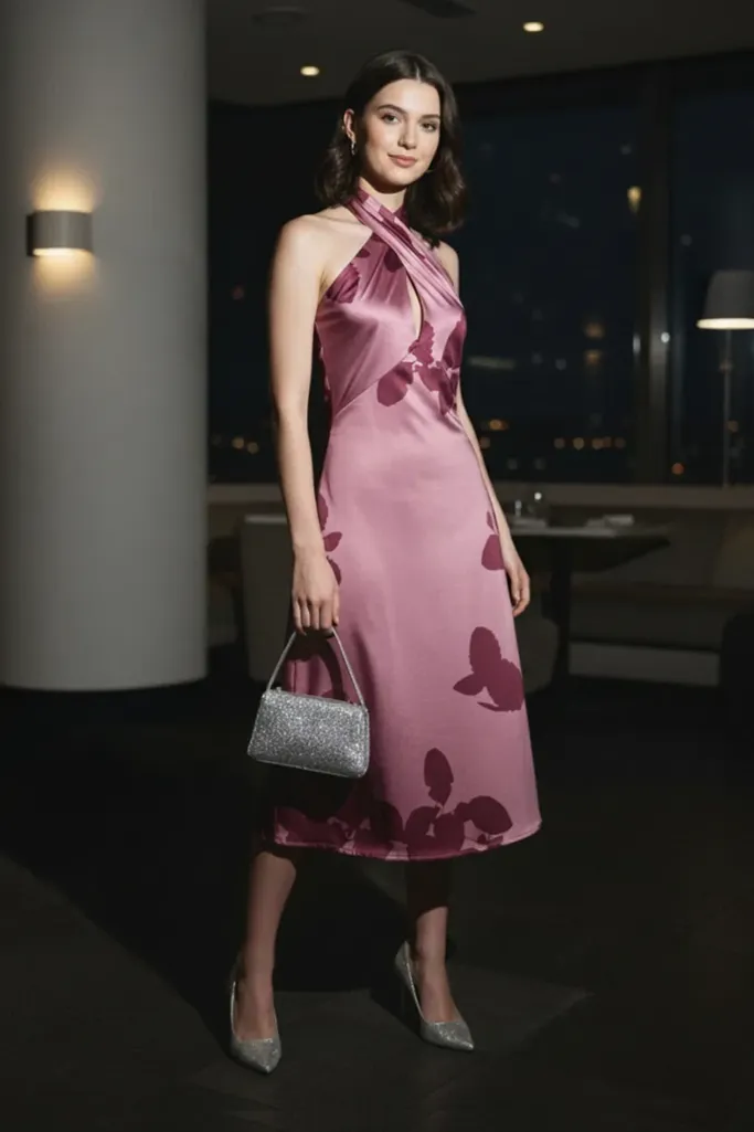 Pink Floral Halter Midi Dress - Image 1