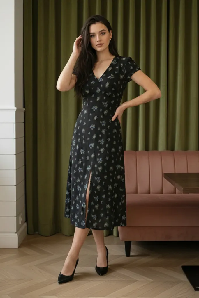 Black Floral Slit Midi Dress - Image 1
