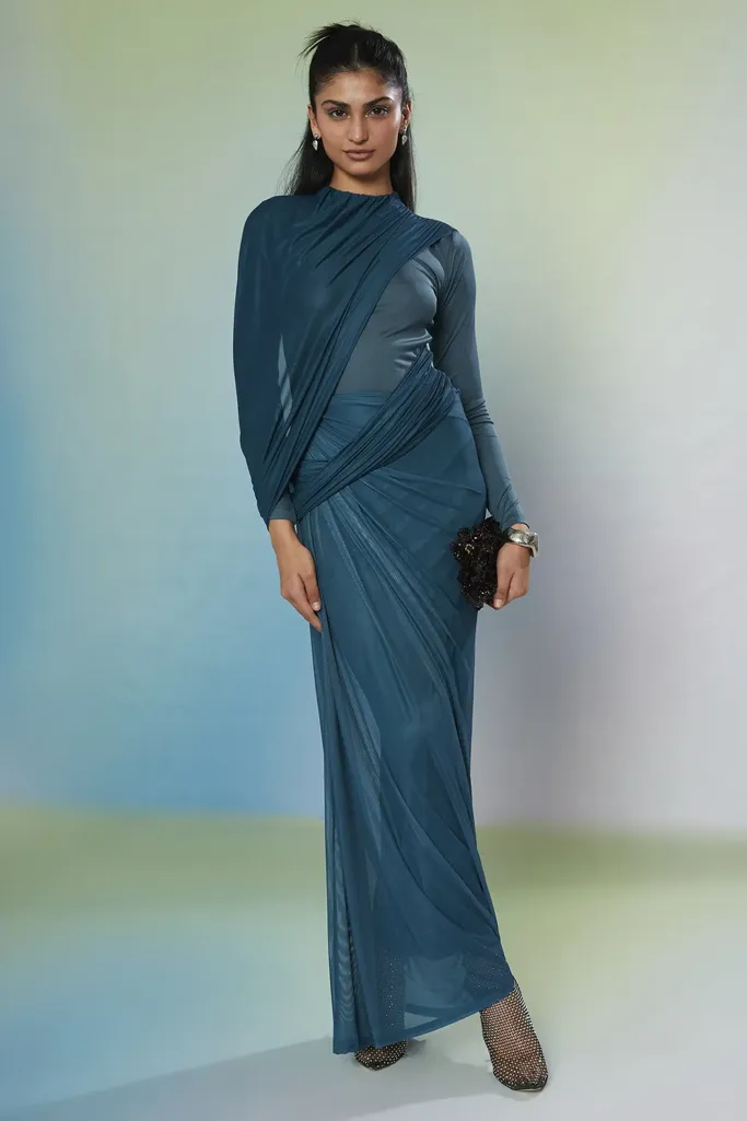 Teal Solid Draped Maxi Dress - Image 1
