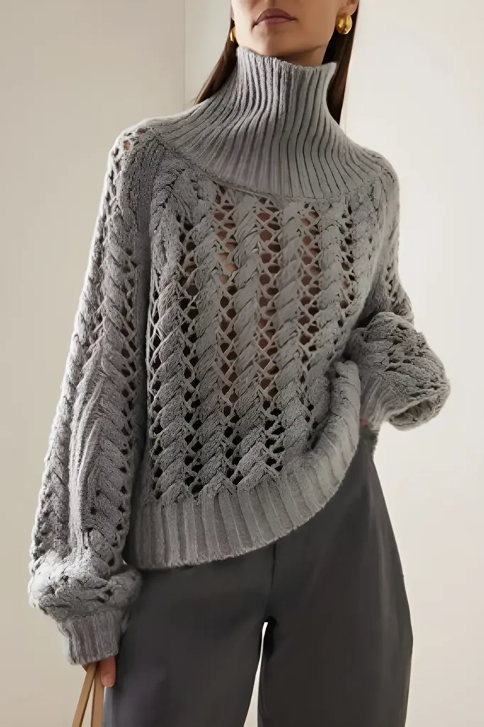 Grey Solid Crochet Turtleneck Sweater - Image 1