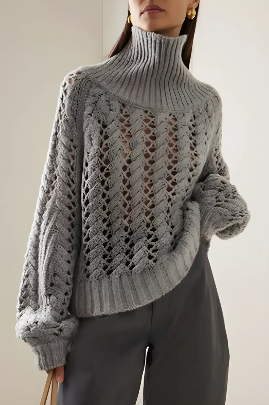 Khaki Textured High Neck Sweater Top - NEWME