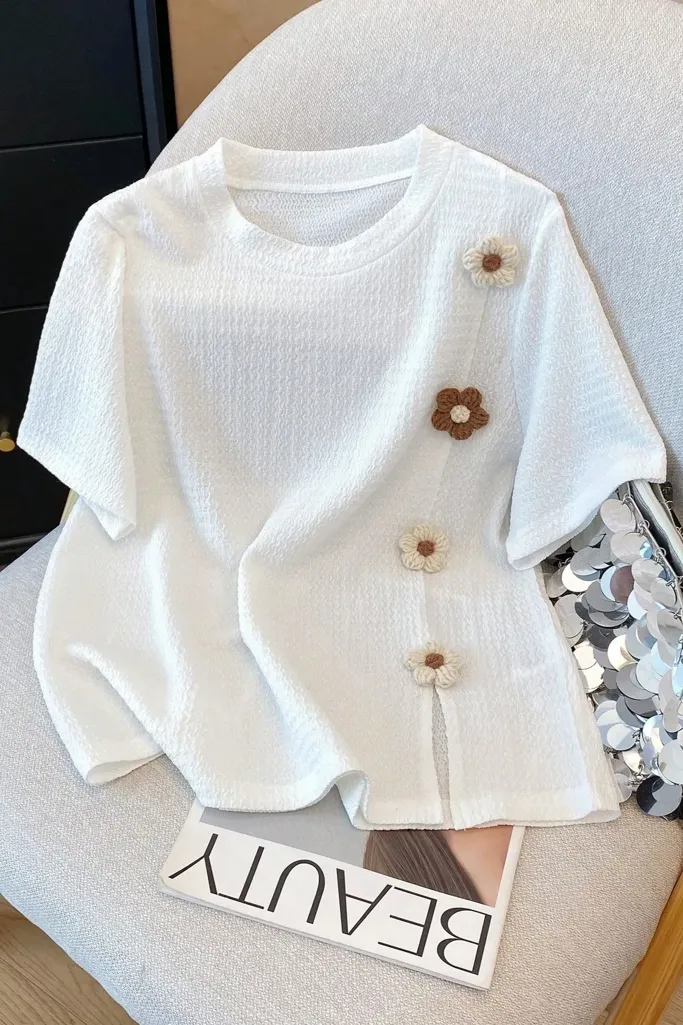 White Solid Floral Crochet Top - Image 1