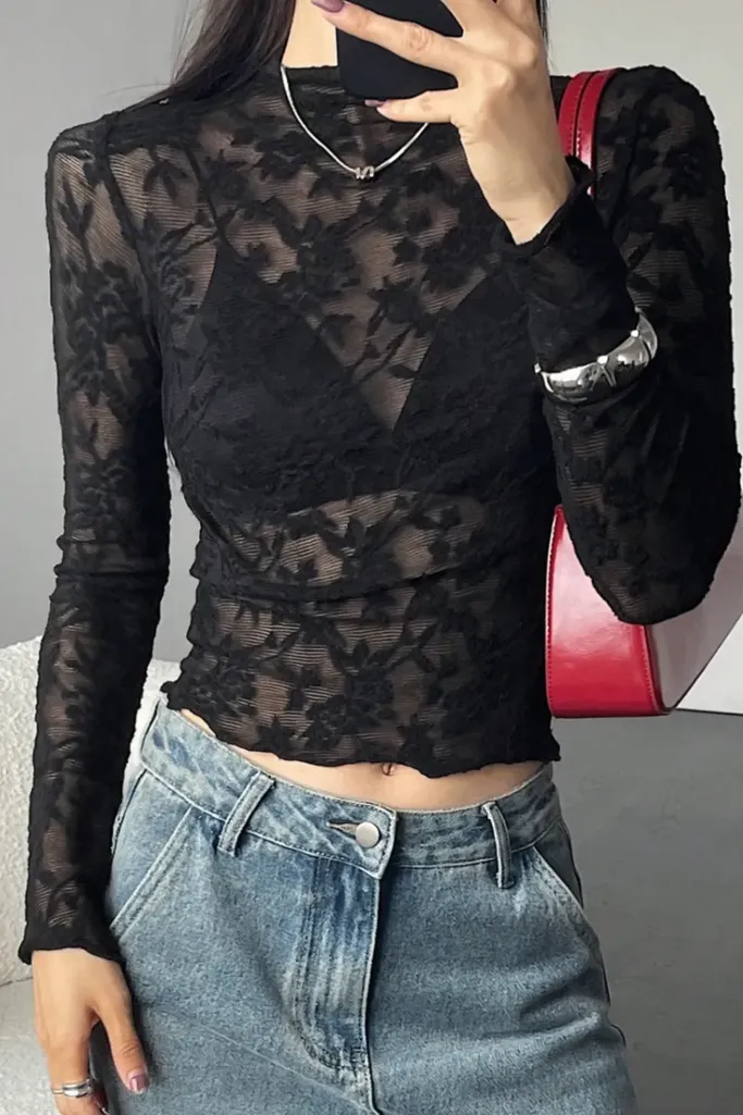 Black Solid Floral Lace Top - Image 1