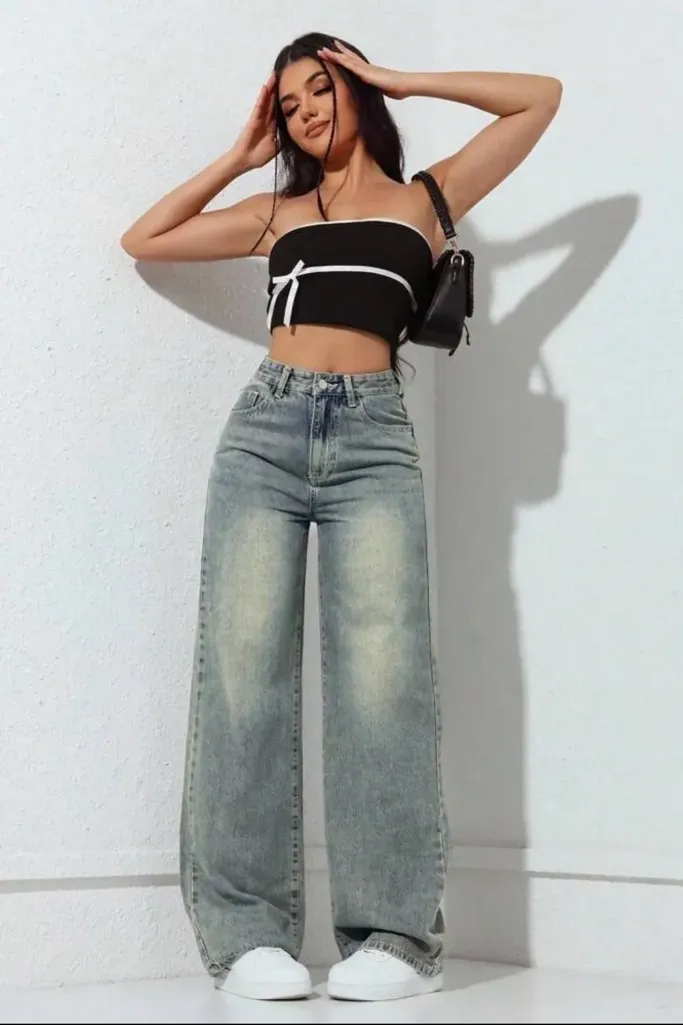 Blue Mid Rise Wide Leg Jeans - Image 1