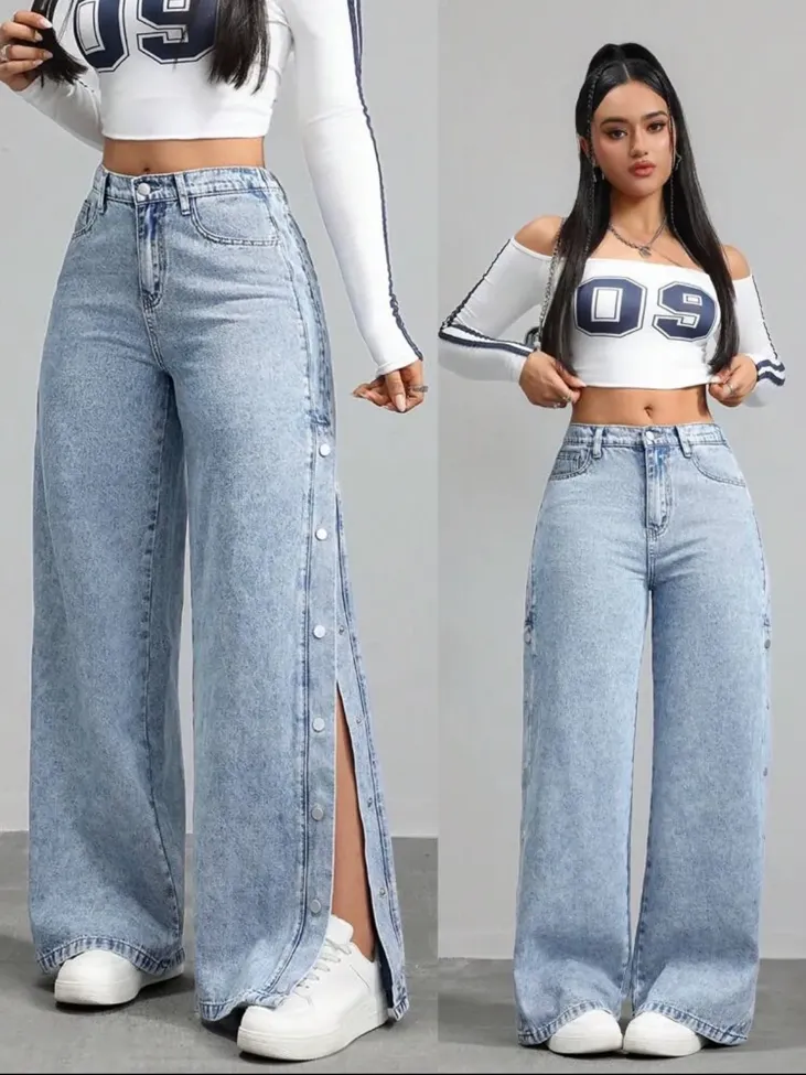 Light Blue High Wide Leg Slit Jeans - Image 1