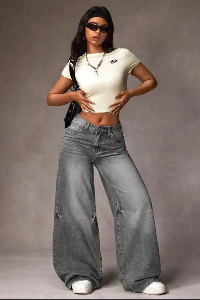 Grey Mid Rise Wide Leg Jeans - Image 1