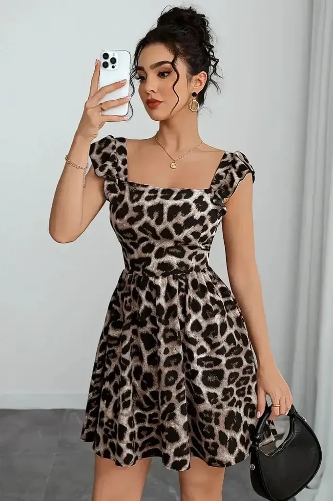 Black Leopard Square Neck Mini Dress - Image 1