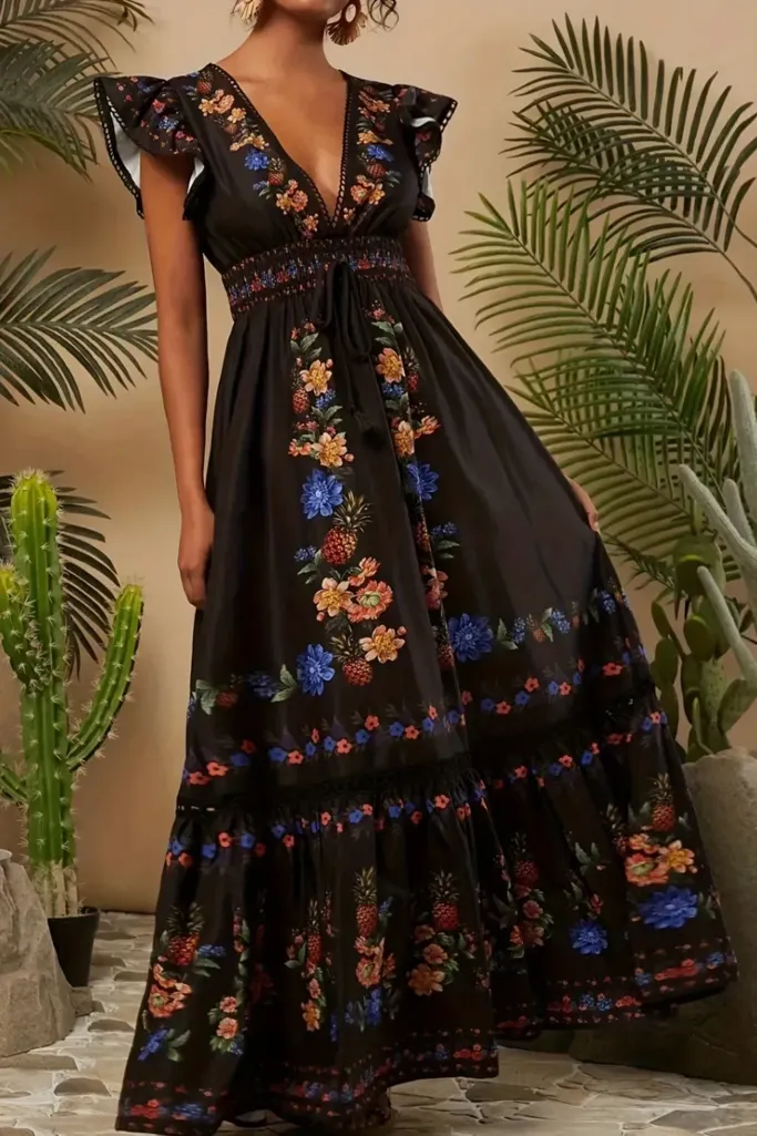 Black Floral Print Maxi Dress - Image 1