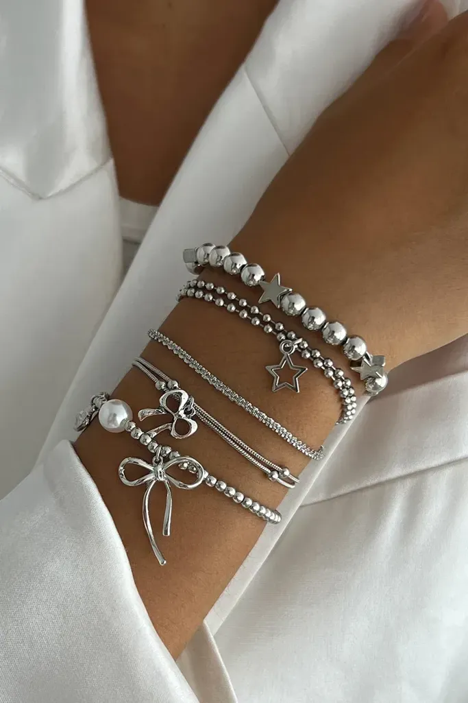 Silver Set Of 5 Beaded Bracelets - Image 1
