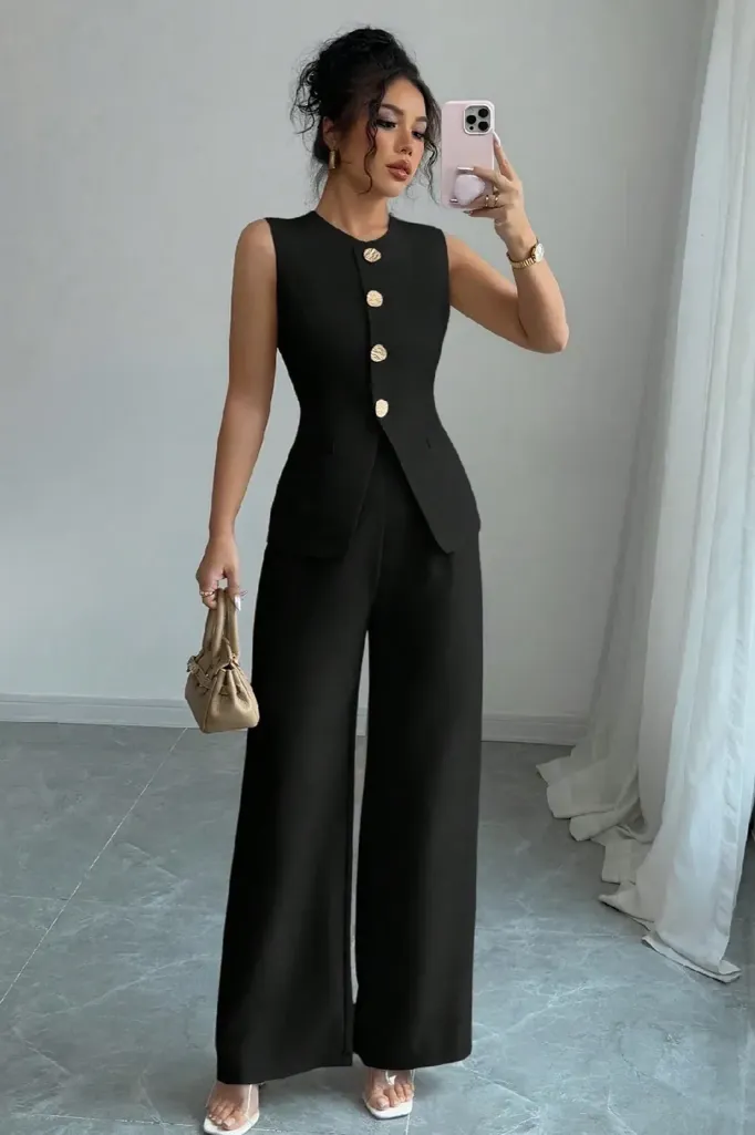 Black Wide-Leg Buttoned Co-Ord Set - Image 1