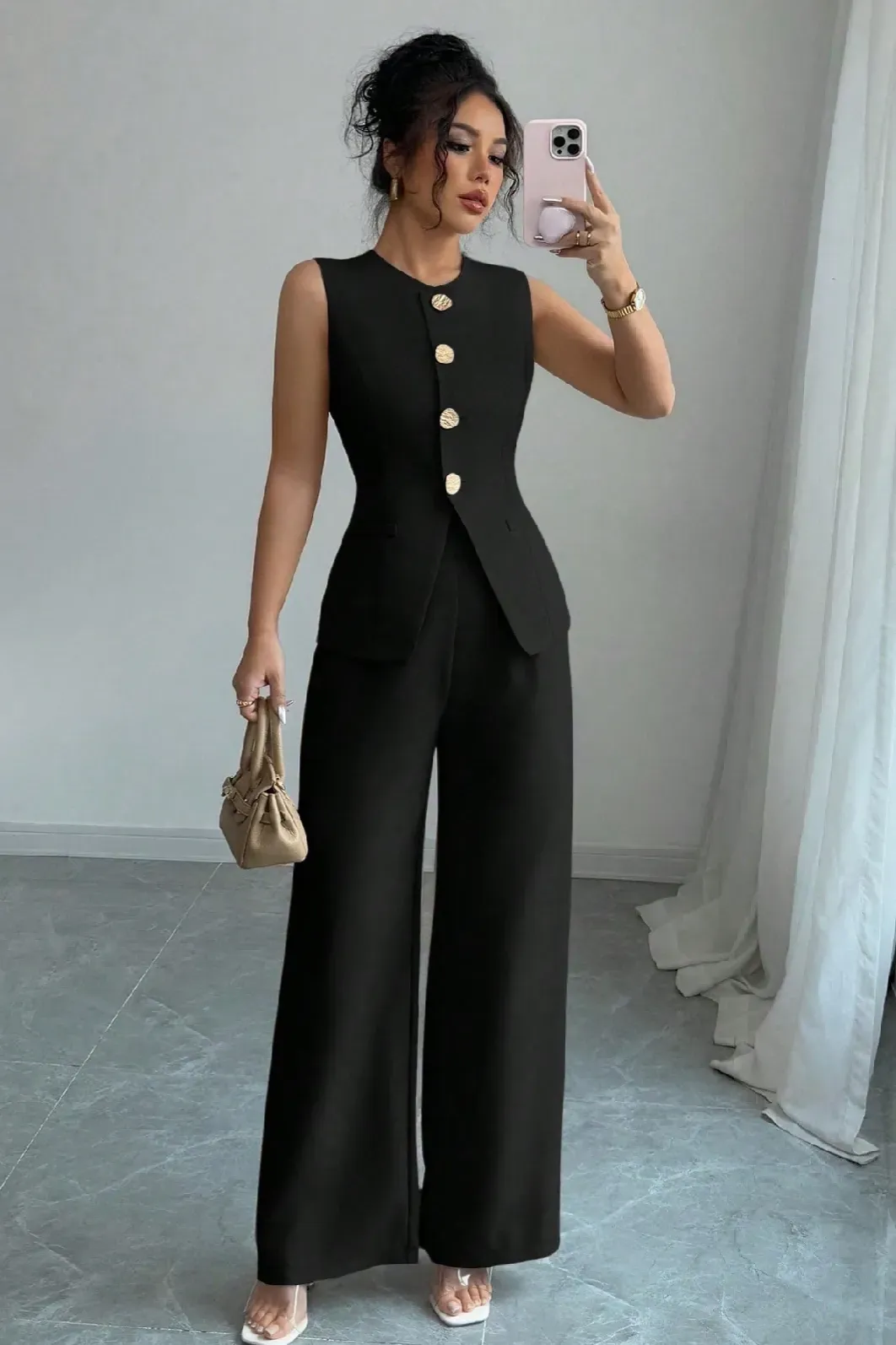 Black Wide-Leg Buttoned Co-Ord Set