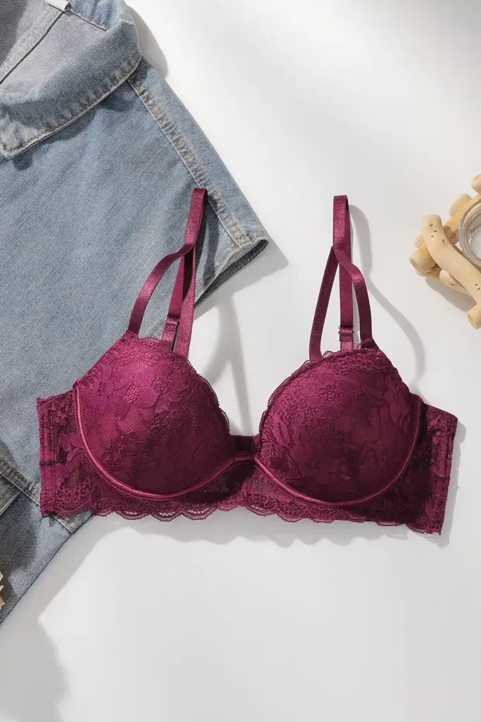 Wine Sweetheart Neck Lace Bra - Image 1
