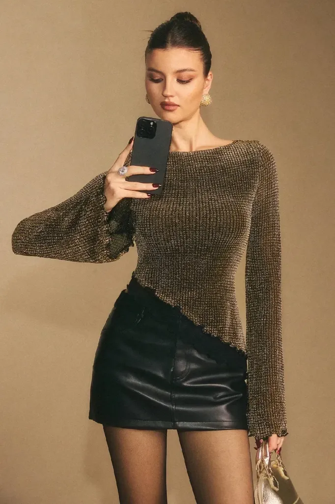Brown Textured Asymetric Top - Image 1