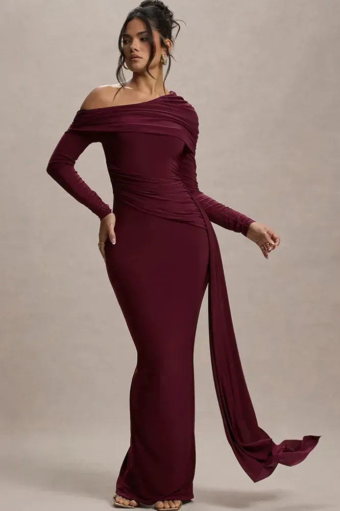 Wine Draped Bodycon Maxi Dress - Image 1