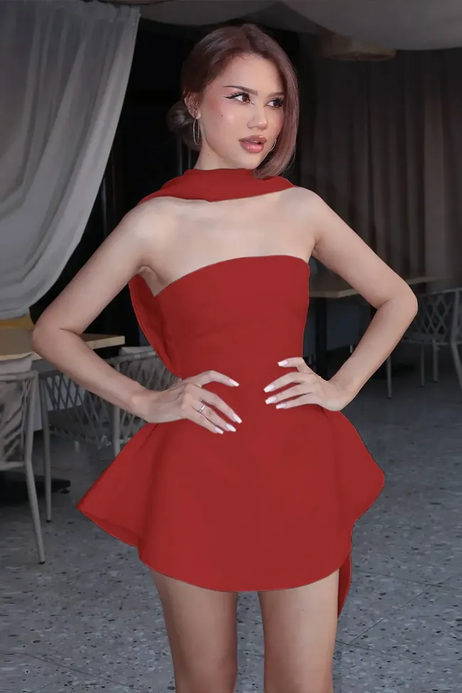 tube red dress for women Tube Ruffle Side Slit Dress