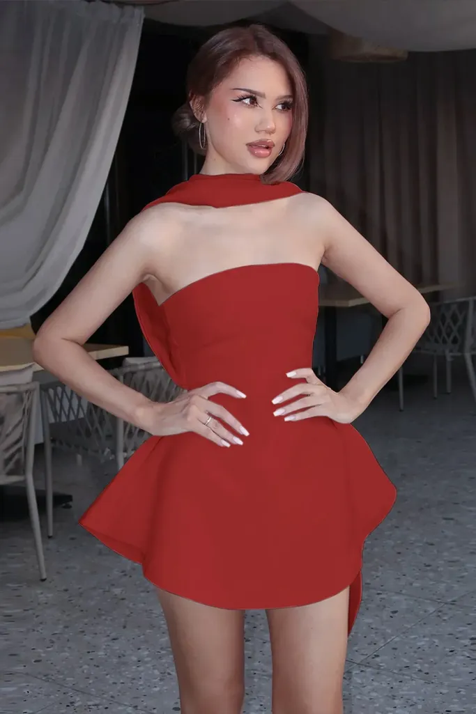 Red Draped Tube Mini Dress - Image 1