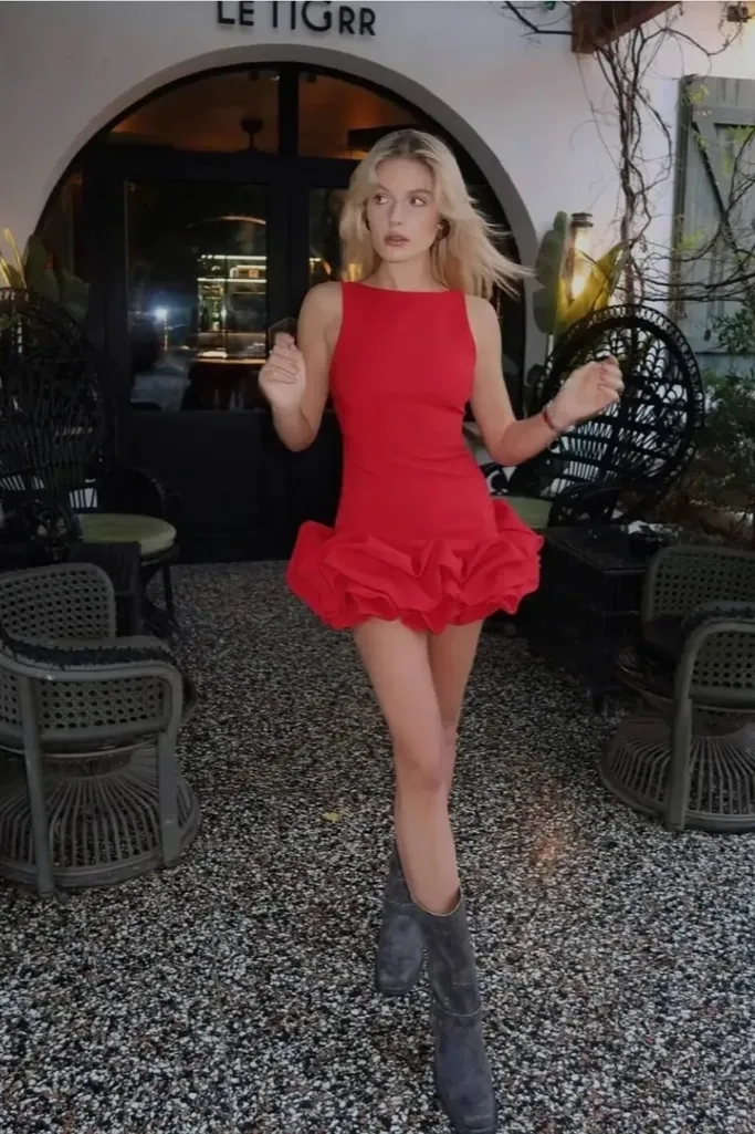 Red Ruffled Balloon Mini Dress - Image 1