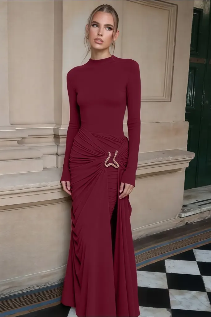 Wine Ruched Draped Maxi Dress - Image 1