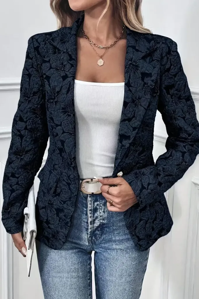 Dark Blue Floral Lapel Collar Blazer - Image 1