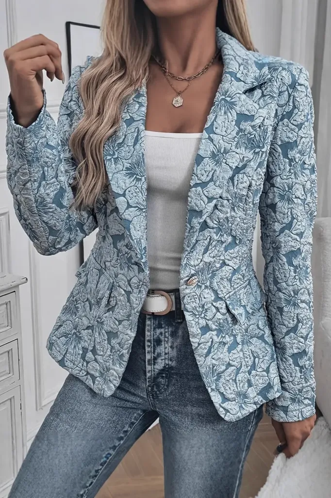 Light Blue Floral Lapel Collar Blazer - Image 1