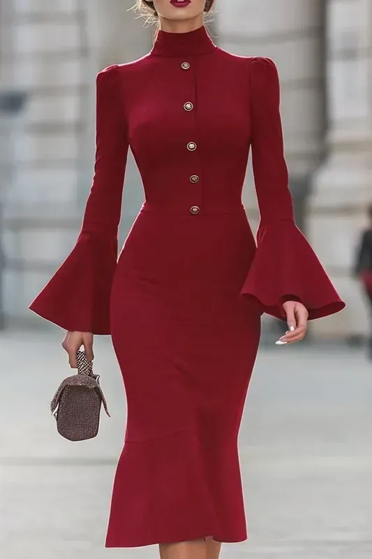 Wine Solid High Neck Midi Dress - Image 1