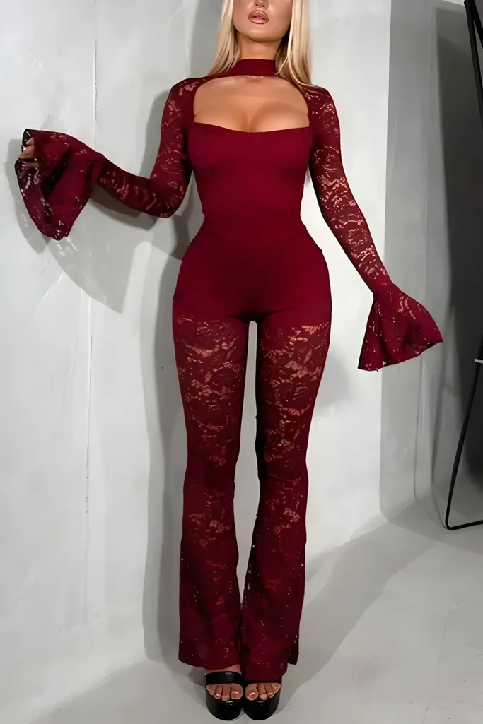 Maroon Lace Cut-Out Jumpsuit - Image 1
